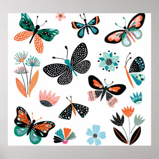Poster Flores de Borboletas: Coleção Desenhada Mão