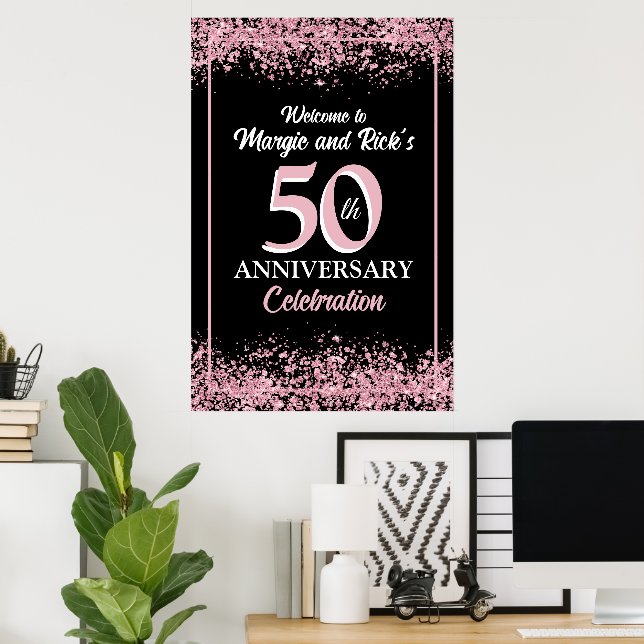 Poster Flores de Brilho Falso Rosa Aniversário de 50 anos (Escritório em casa)
