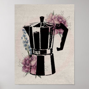 Poster flores de café linearte pote rosas de tinta digita