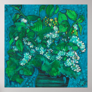 Poster Flores de cereja de pássaros Pintura do Pastel Fl