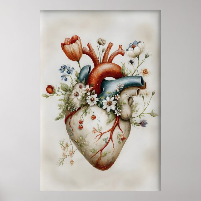 Poster Flores de Coração Humano Impressão, Anatômico Vint (Frente)