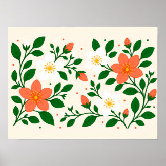 Poster Flores de Coral e Brancas Elegantes com Folhagem V