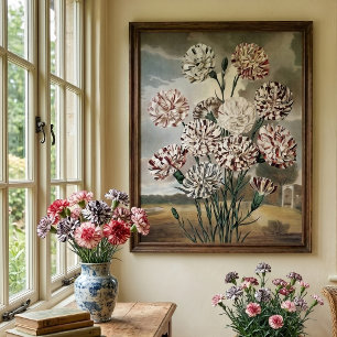 Pôster Flores de Cravos Variegados Vintage com Céu Cinza