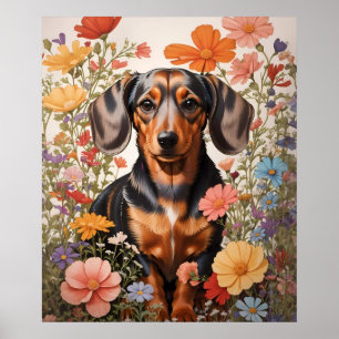 Poster Flores De Dachshund Castanho E Cosmos