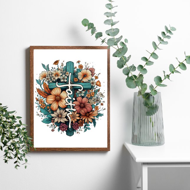 Poster Flores de Fé Cruzam Cristão Religioso (Faith written on a Cross with Flowers wall art poster print. Or Digital Download)