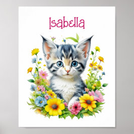 Poster Flores de Gatinhos de Aquarelas Personalizadas