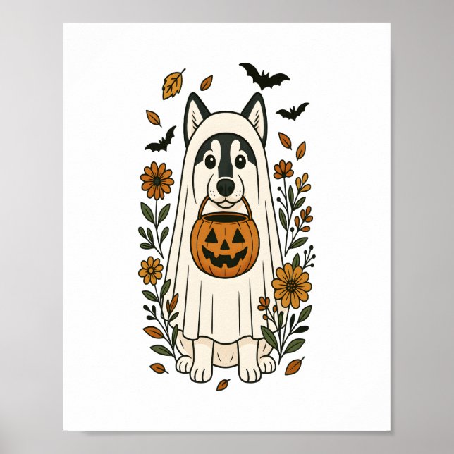 Poster Flores de Halloween Siberian Husky (Frente)