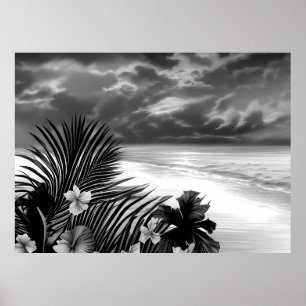 Poster Flores de hibisco de palmeira oceano praia preto e