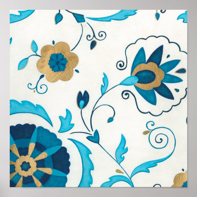 Poster Flores de Indigo Douradas com Fundo Branco (Frente)