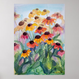 Poster Flores de Jardim de Verão de Coneflowers Aquarela