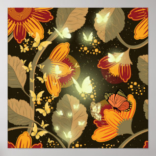Poster Flores de Jardim Escuro e Borboletas Leves