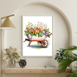 Poster Flores de Jardim Rosa Amarelo Branco em Barril de