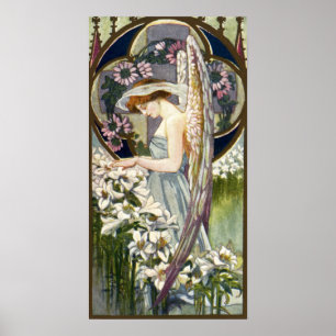 Poster Flores de Lírio de Páscoa Vintage e Anjo Vitoriano