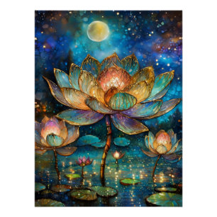 Pôster Flores de Lótus de Vidro Colorido ao Luar