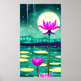Poster Flores de Lotus Rosa e Lua Cheia