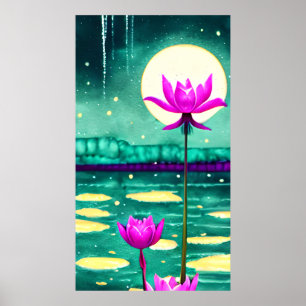 Poster Flores de Lotus Rosa e Lua Cheia