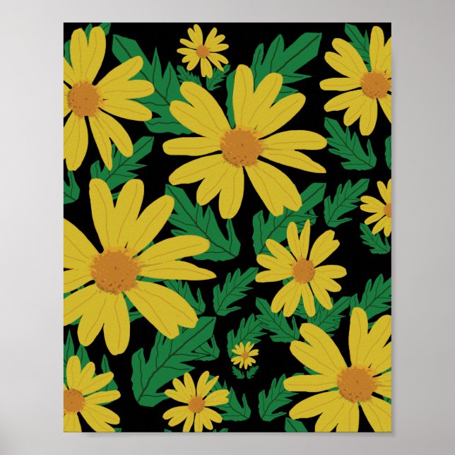 Poster Flores de margarida amarelas com folhas verdes (Frente)