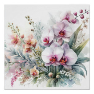 Pôster Flores de Orquídea Tropical Pastel Aquarela