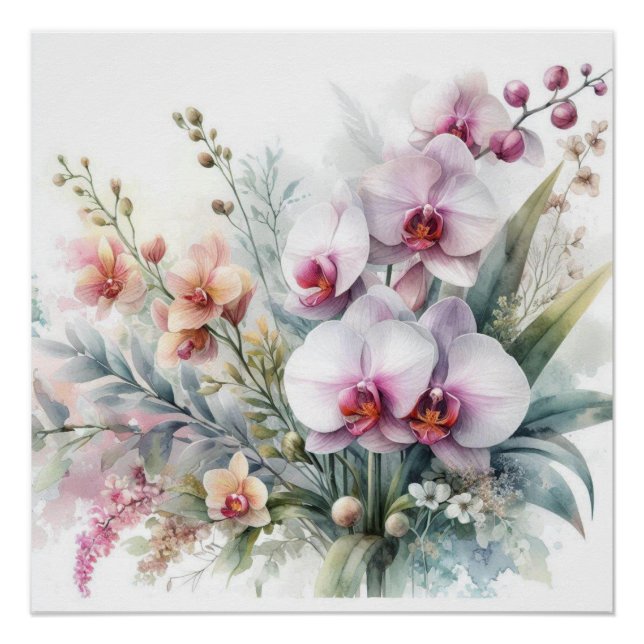Pôster Flores de Orquídea Tropical Pastel Aquarela (Frente)