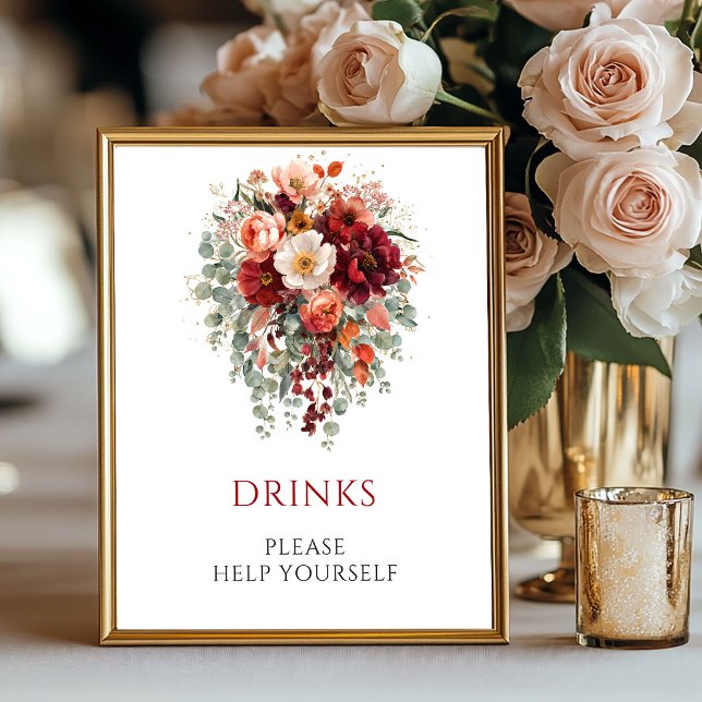 Poster Flores de Outono Bordô Bebidas Casamento Mesa (Autumn Burgundy Flowers Drinks Wedding Tabletop

)