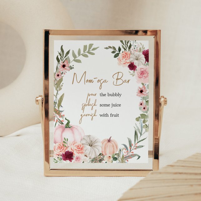 Poster Flores de outono Chá de fraldas de abóbora Mãe Bar (Autumn Little Pumpkin Baby Shower Mom Osa Bar Sign)