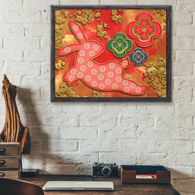 Poster Flores de Papelada Coelho Dourado Vermelho Chinês  (Criador carregado)