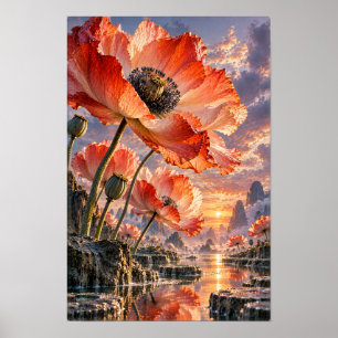 Poster Flores de Papoula Laranja ao Pôr do Sol no Vale Re