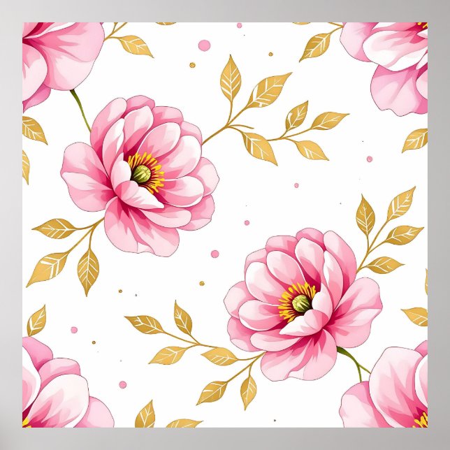 Poster Flores de Peônia Rosa Padrão Folhas Douradas (Frente)
