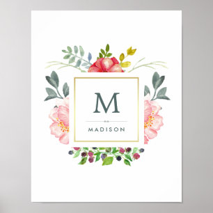 Pôster Flores de Peônias de Aquarelas com Dourado e Monog