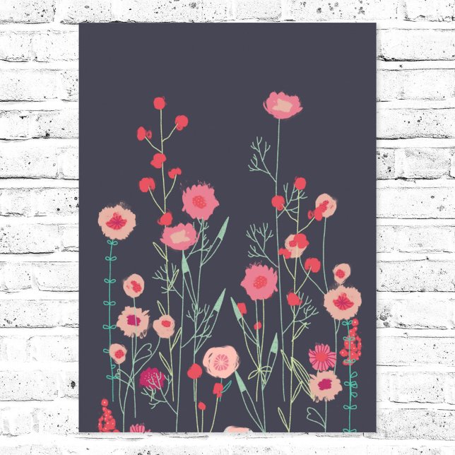 Poster Flores de Plymouth Dark Boho Floral (Floral boho pink and black wild flower art poster)
