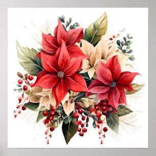 Poster Flores de Poinsettia de Natal bonito da Red Waterc
