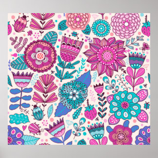 Poster Flores de rabisco botânico, textura perfeita e vin