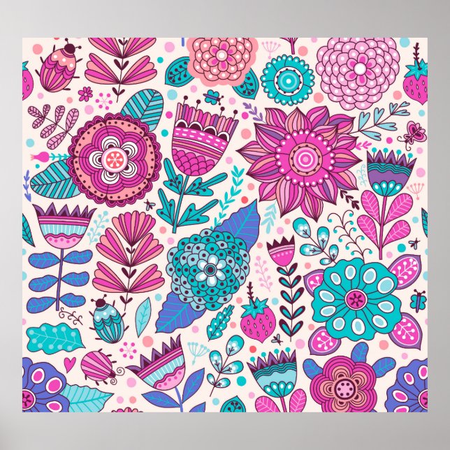 Poster Flores de rabisco botânico, textura perfeita e vin (Frente)