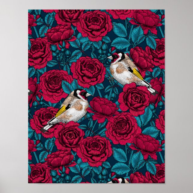 Poster Flores de rosa vermelha e aves-pintadas (Frente)