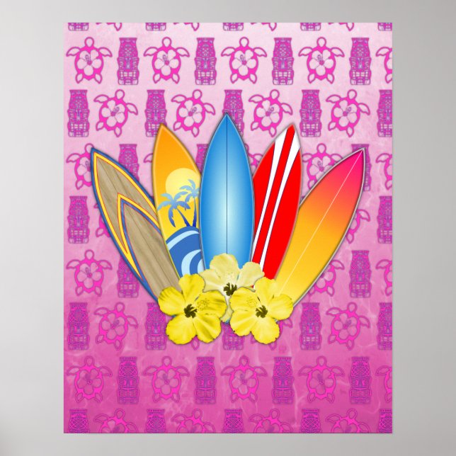 Poster Flores de surfboard e Hibiscus (Frente)