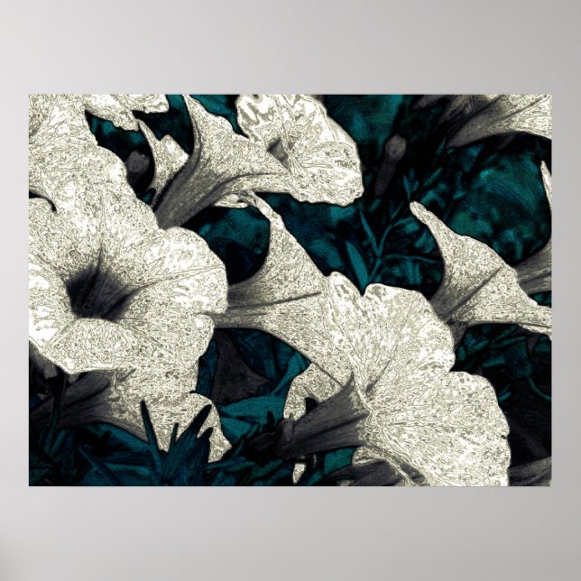Poster Flores De Tapeçaria: O Preto, Branco E Teal (Frente)