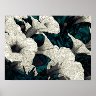 Poster Flores De Tapeçaria: Preto, Branco e Teal