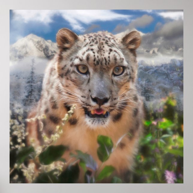 POSTER FLORES DE TEMPO DE SPRINGTIME LEOPARD DE NEVE (Frente)