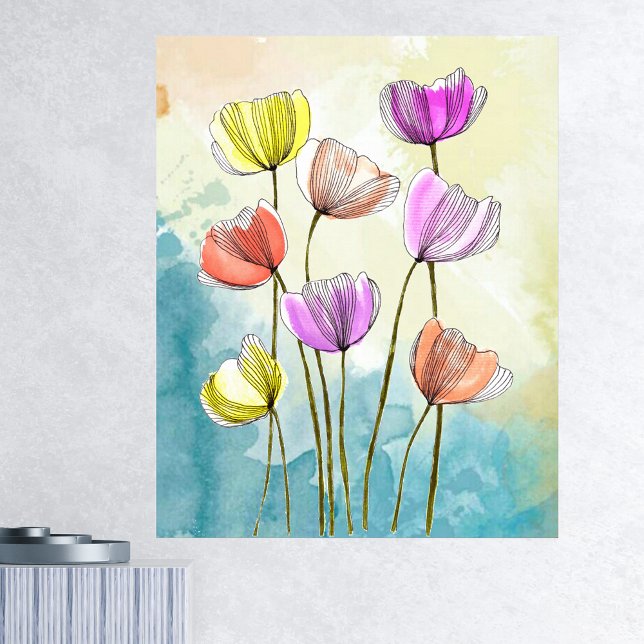 Poster Flores de Vazamento de Aquarela com Linhas Pretas  (Criador carregado)