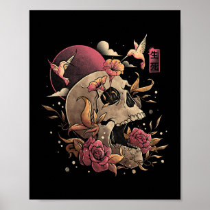 Poster Flores do crânio de vida e morte Skeleton Hallowee