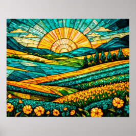 Poster Flores Douradas Campo Verde Vidro Pintado Falso