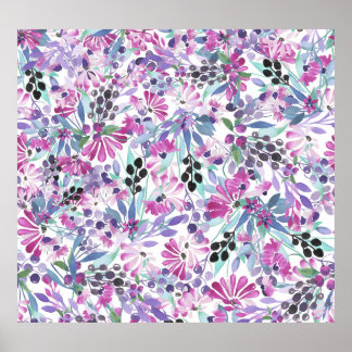 Poster Flores e Berries Roxos: Aquarela