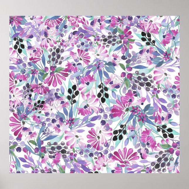 Poster Flores e Berries Roxos: Aquarela (Frente)