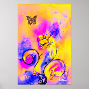 Poster FLÔRES E BORBOLETAS CAPRICHOSAS rosa amarelo azul