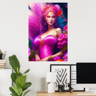 Poster Flores e Borboletas de Fada Fantasia Fuchsia