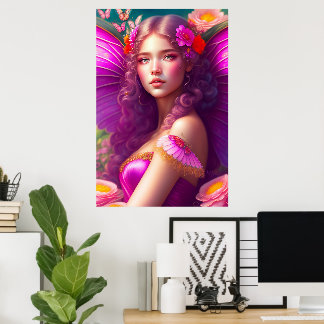 Poster Flores e Borboletas de Fada Fantasia Fuchsia