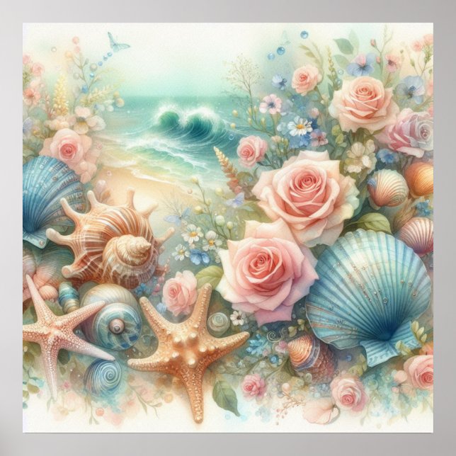 Poster Flores e conchas aquáticas em cores pastéis (Frente)