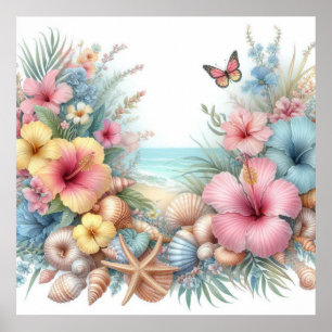 Poster Flores e conchas aquáticas em cores pastéis