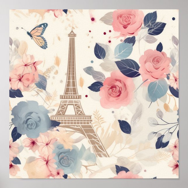 Poster Flores e Eiffel Tower Paris - Padrão Viagem (Frente)