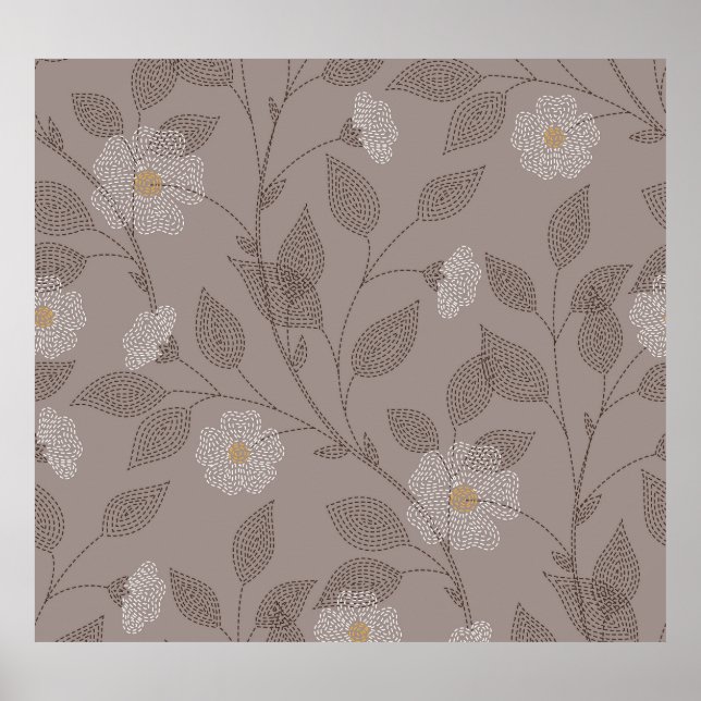 Poster Flores e folhas bordadas, design sem costura. (Frente)